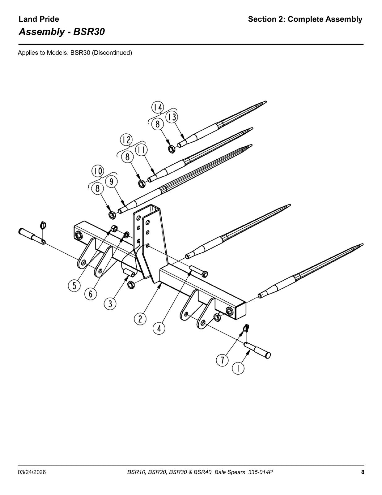 LAND PRIDE BSR10 Series Bale Spears Parts Manual 2026 - WIRE BOUND - COVERS