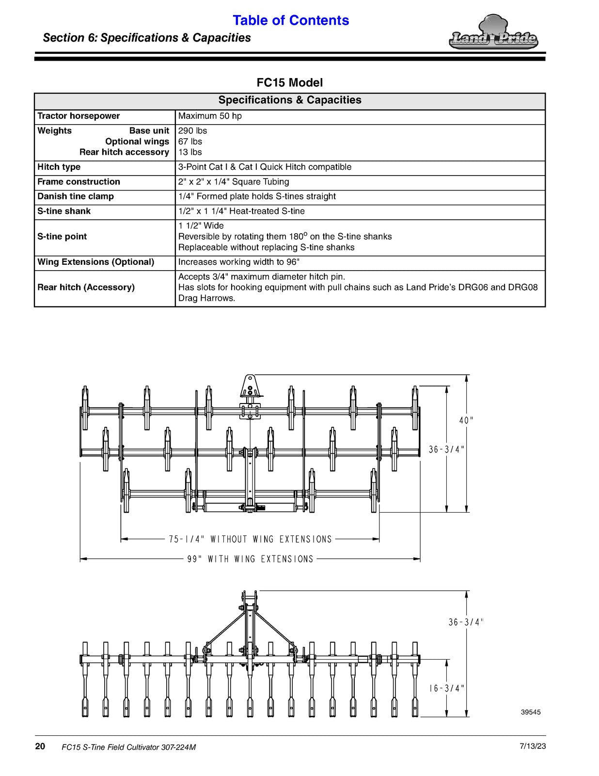 LAND PRIDE FC15 Series Field Cultivator Operators Manual - WIRE BOUND - COVERS