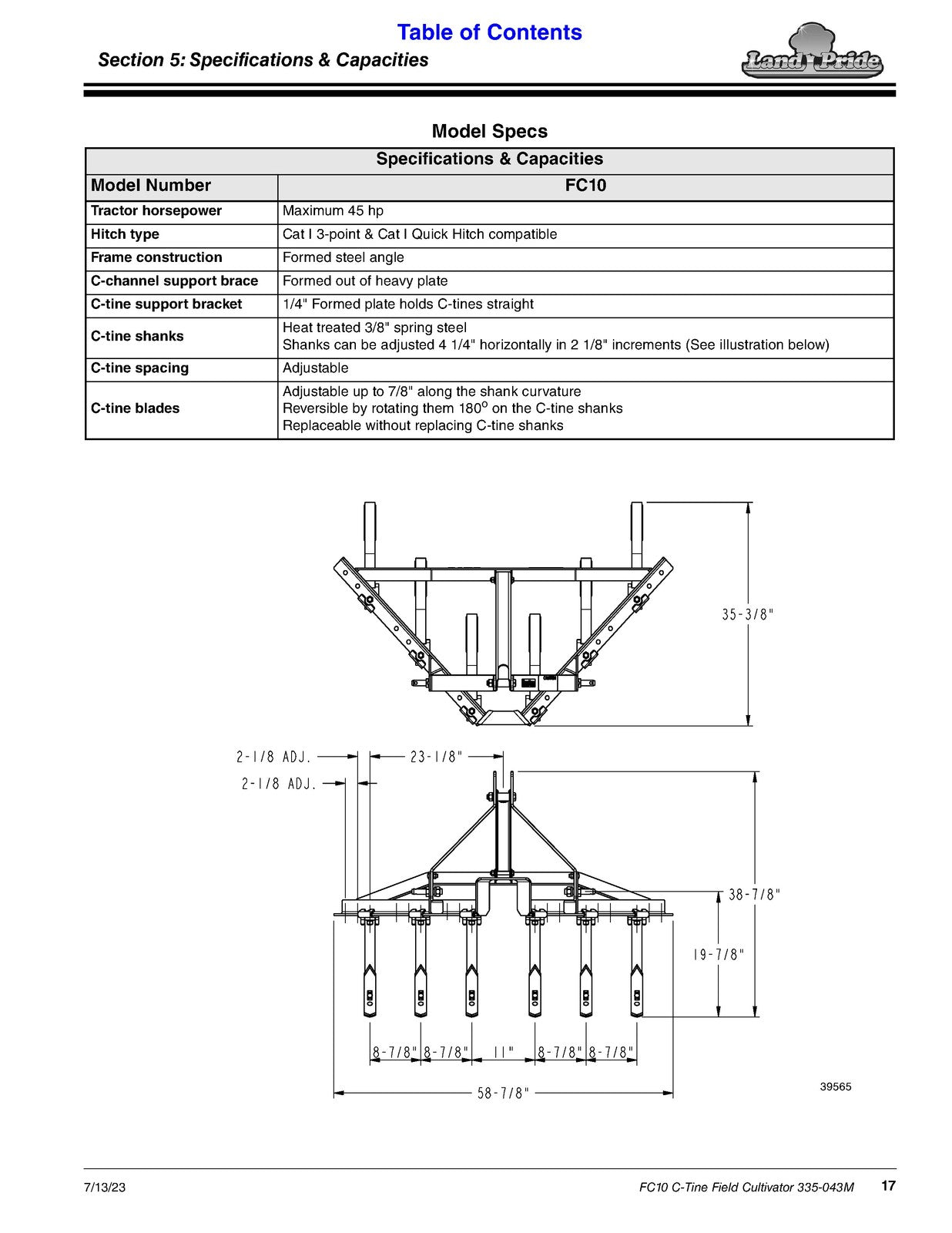 LAND PRIDE FC10 Series Field Cultivator Operators Manual - WIRE BOUND - COVERS