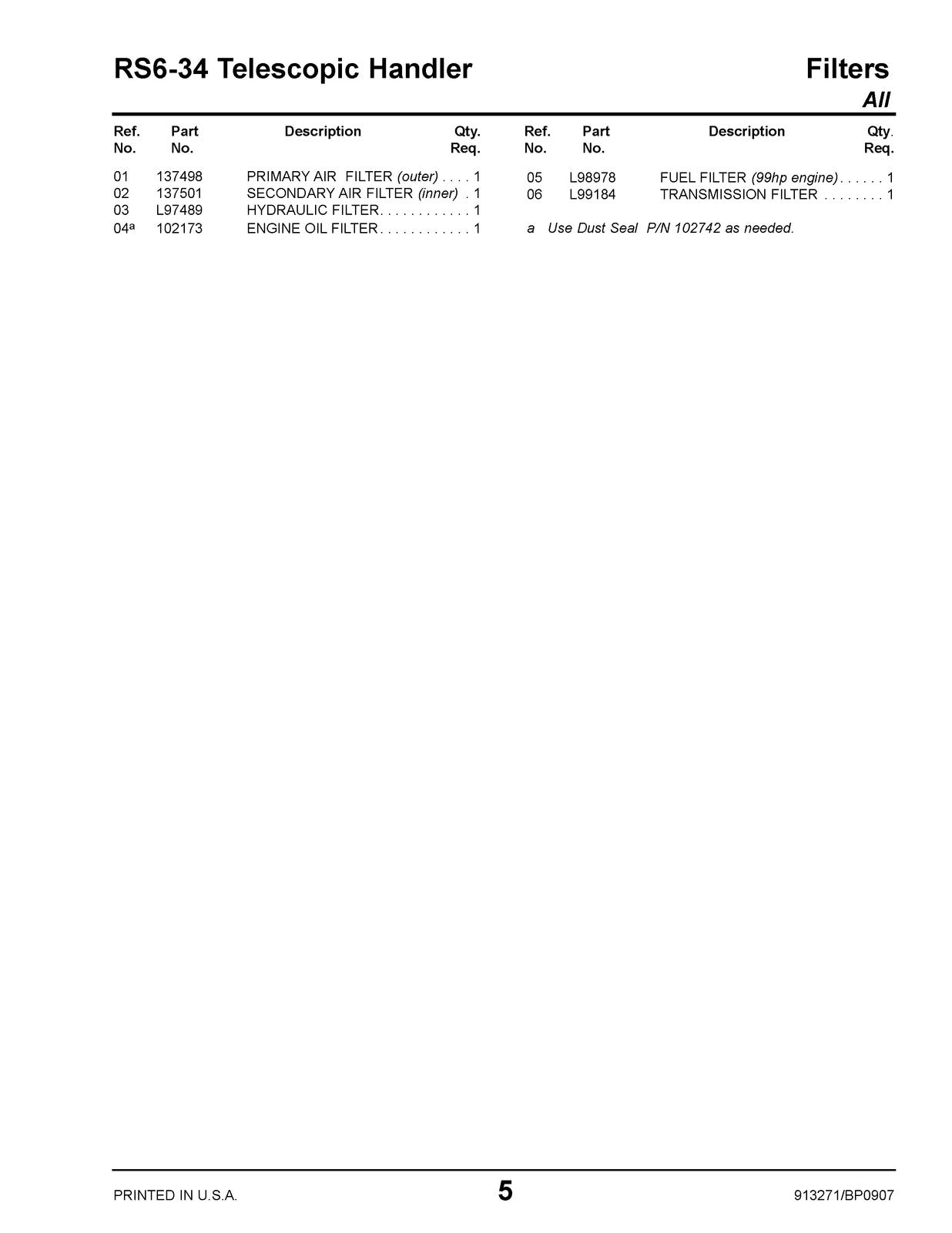 GEHL RS6-34 Telescopic Handler Parts Manual 2007 - WIRE BOUND - TOUGH COVERS