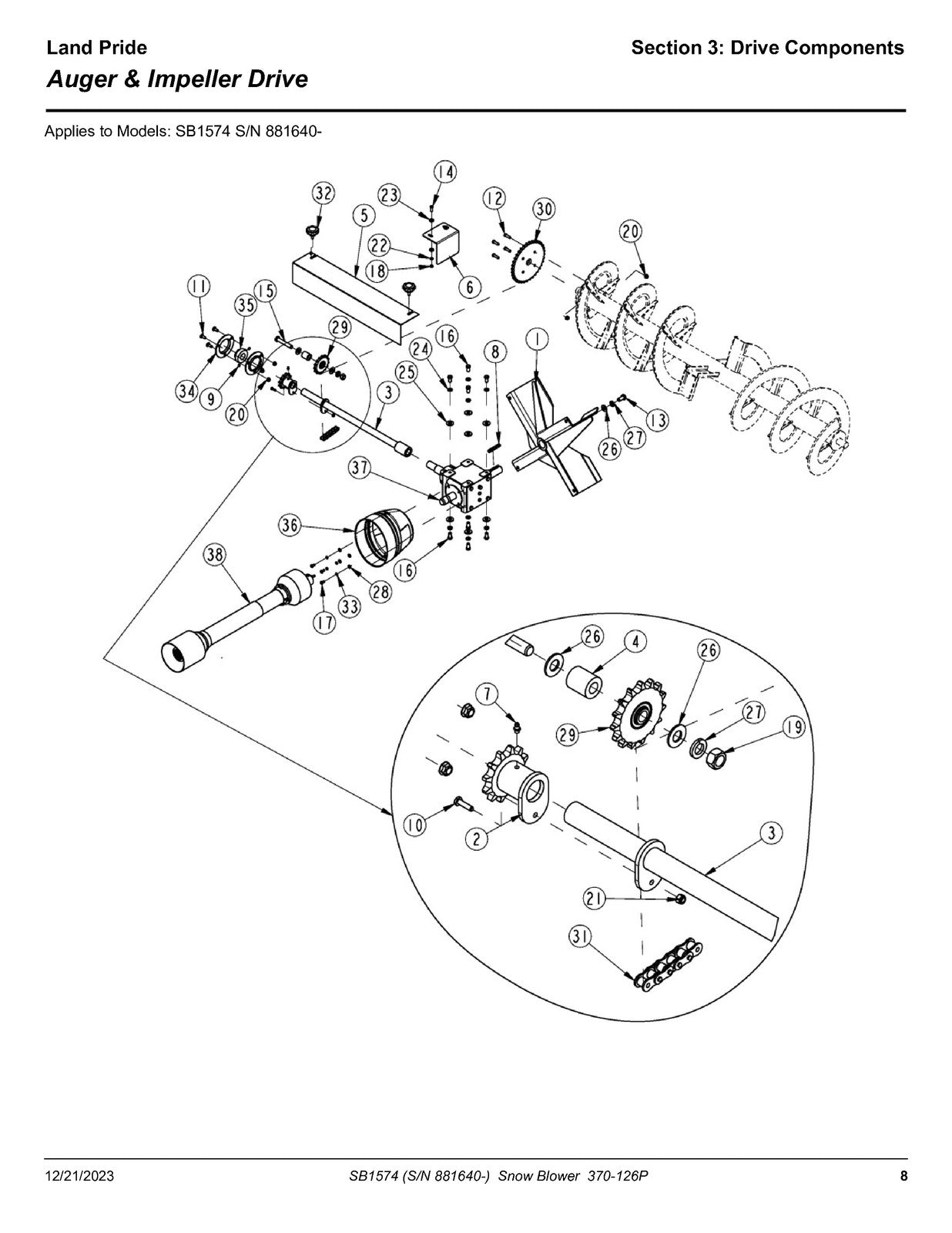 LAND PRIDE SB15 Series Snow Blowers Parts Manual 2023 - WIRE BOUND - COVERS
