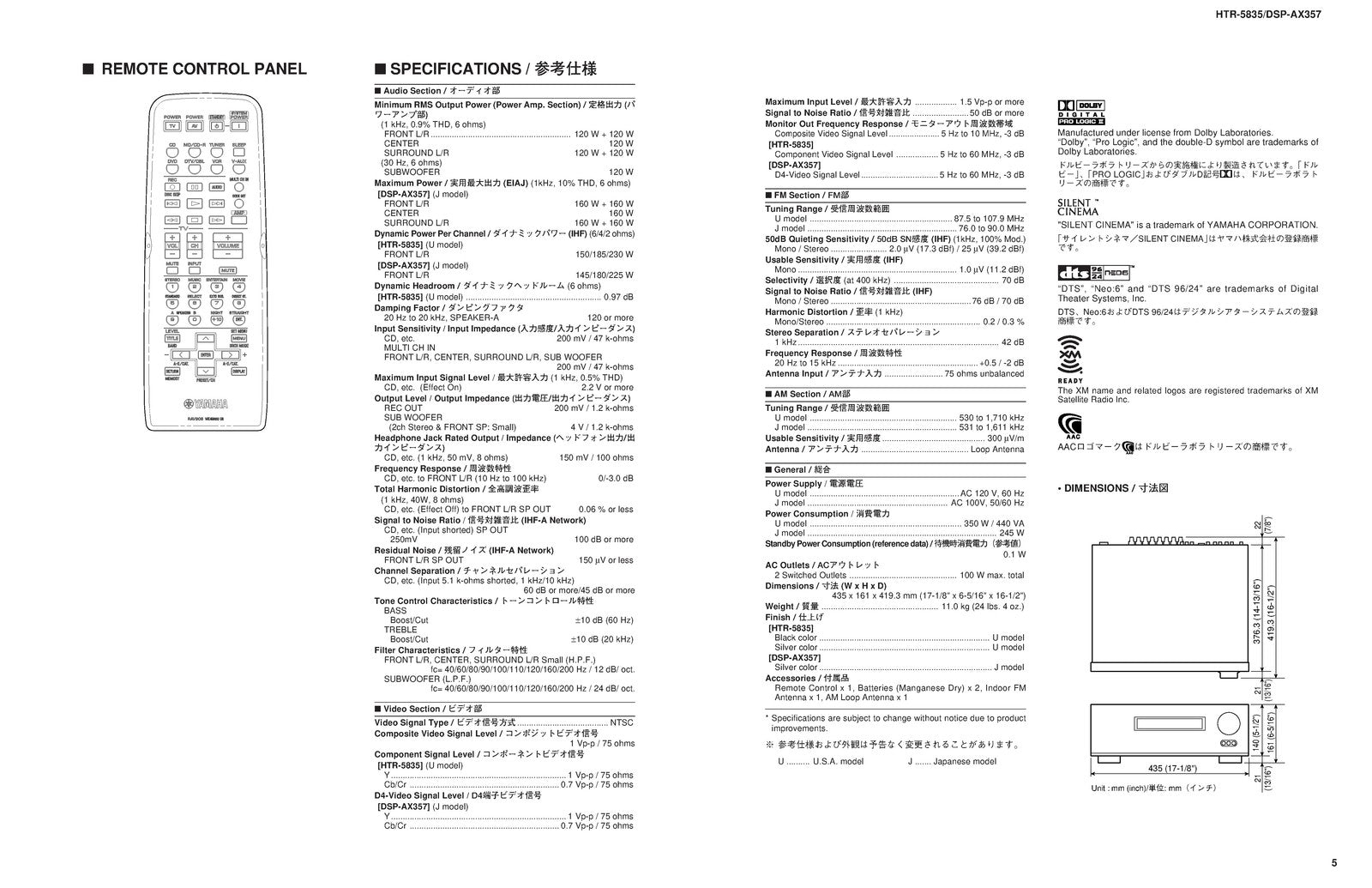 YAMAHA HTR-5835 DSP-AX357 AV Receiver Service Manual - BOUND - COVERS - FOLDOUTS