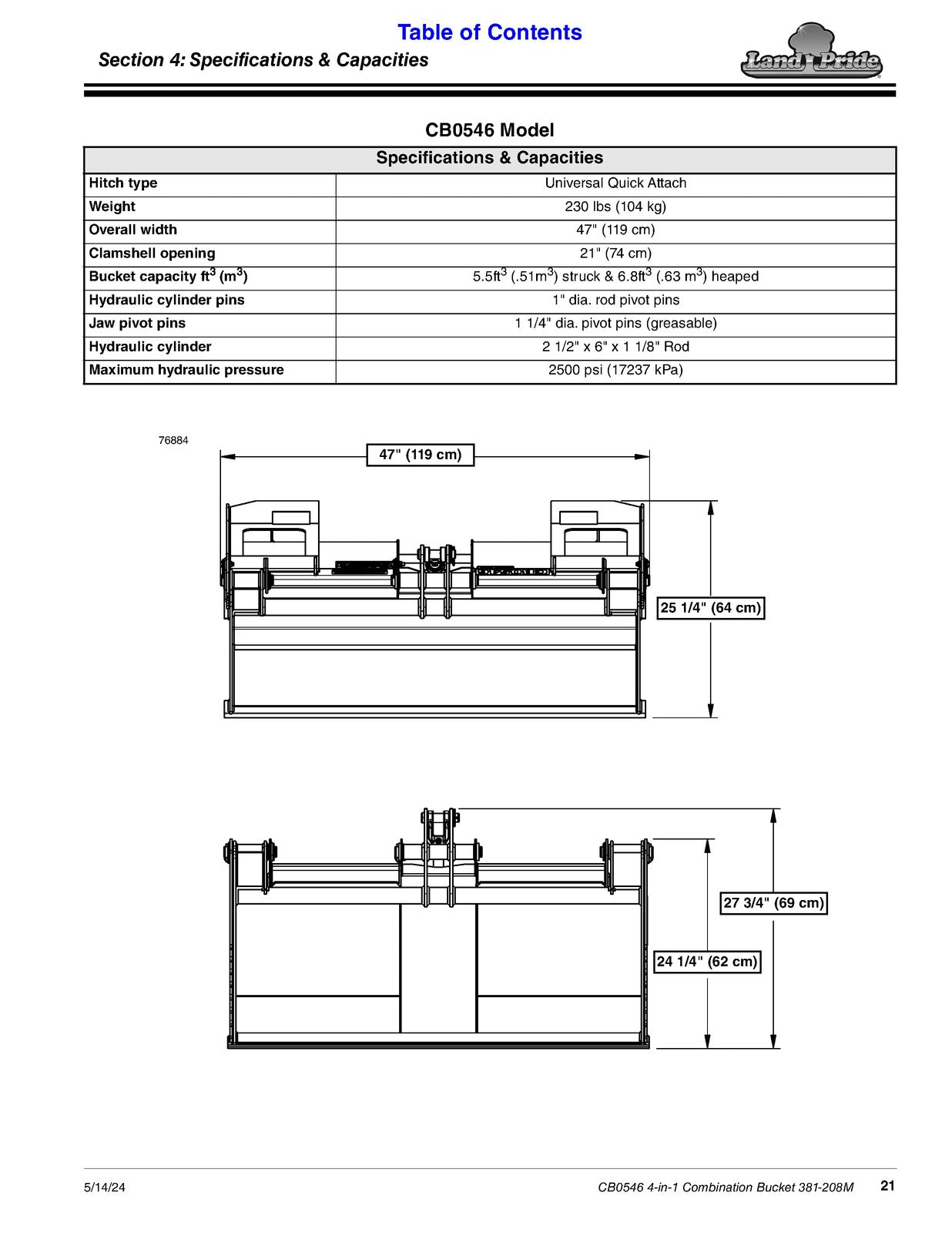 LAND PRIDE CB0546 Combo Buckets Operators Manual - WIRE BOUND - TOUGH COVERS