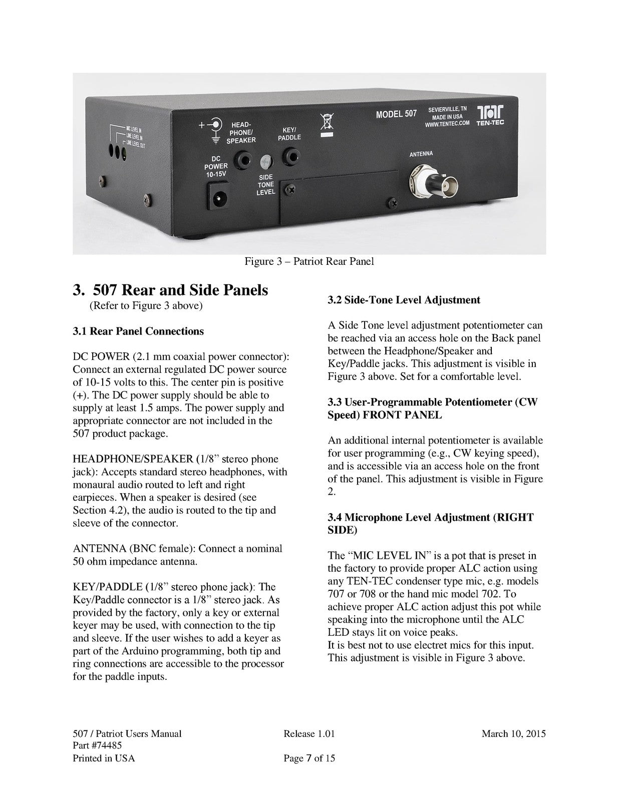 TEN TEC Patriot Moedl 507 QRB Transciever Operators Manual - WIRE BOUND - COVERS
