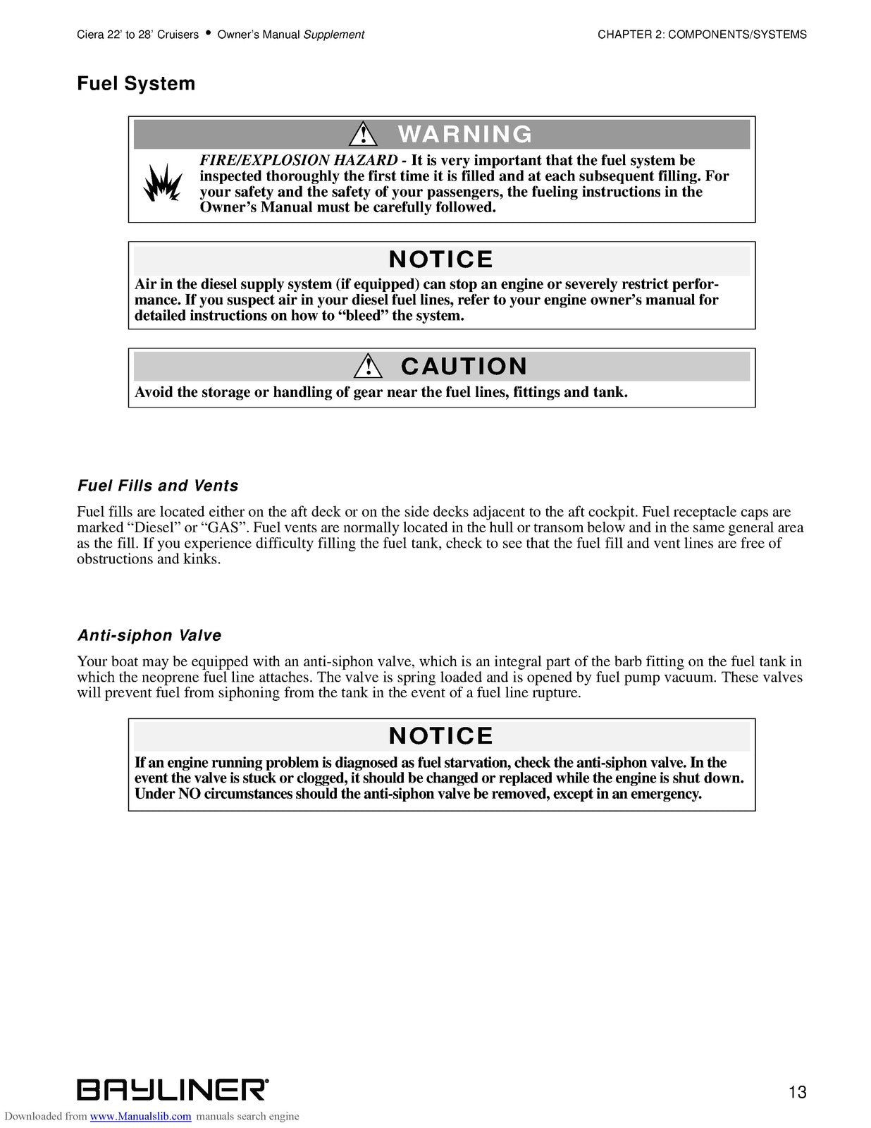 BAYLINER Ciera 22-28 Cruisers Owners Manual Supplement - WIRE BOUND - COVERS