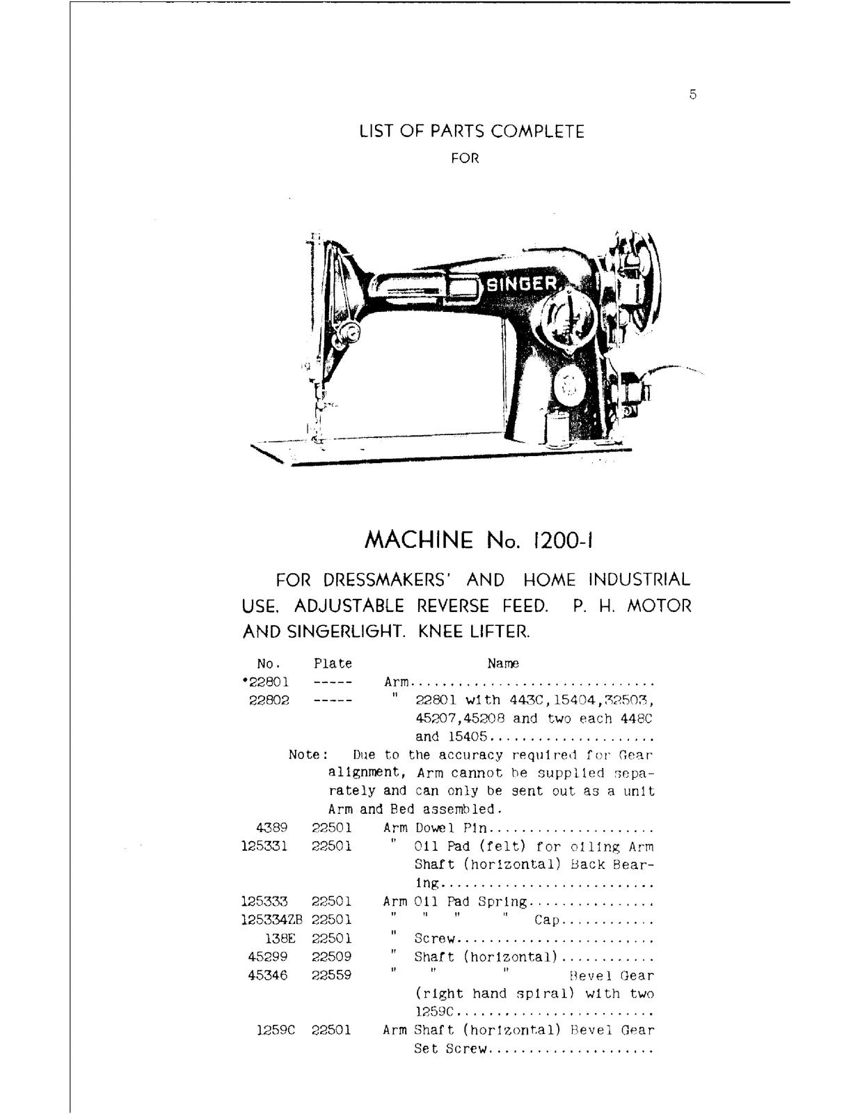 SINGER 1200-1 Illustrated Parts Manual - WIRE BOUND - TOUGH COVERS