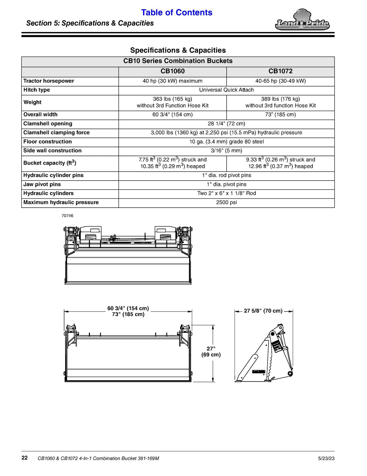 LAND PRIDE CB10 Series Combination Bucket Operators Manual - WIRE BOUND - COVERS