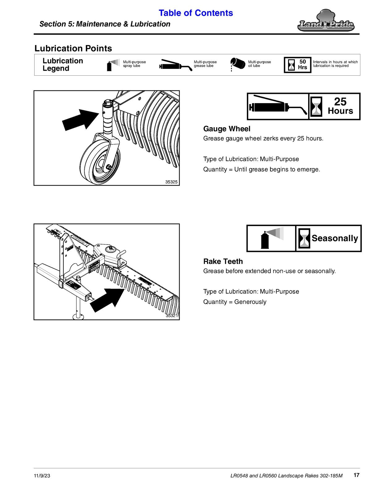 LAND PRIDE LR05 Series Landscape Rakes Operators Manual - WIRE BOUND - COVERS