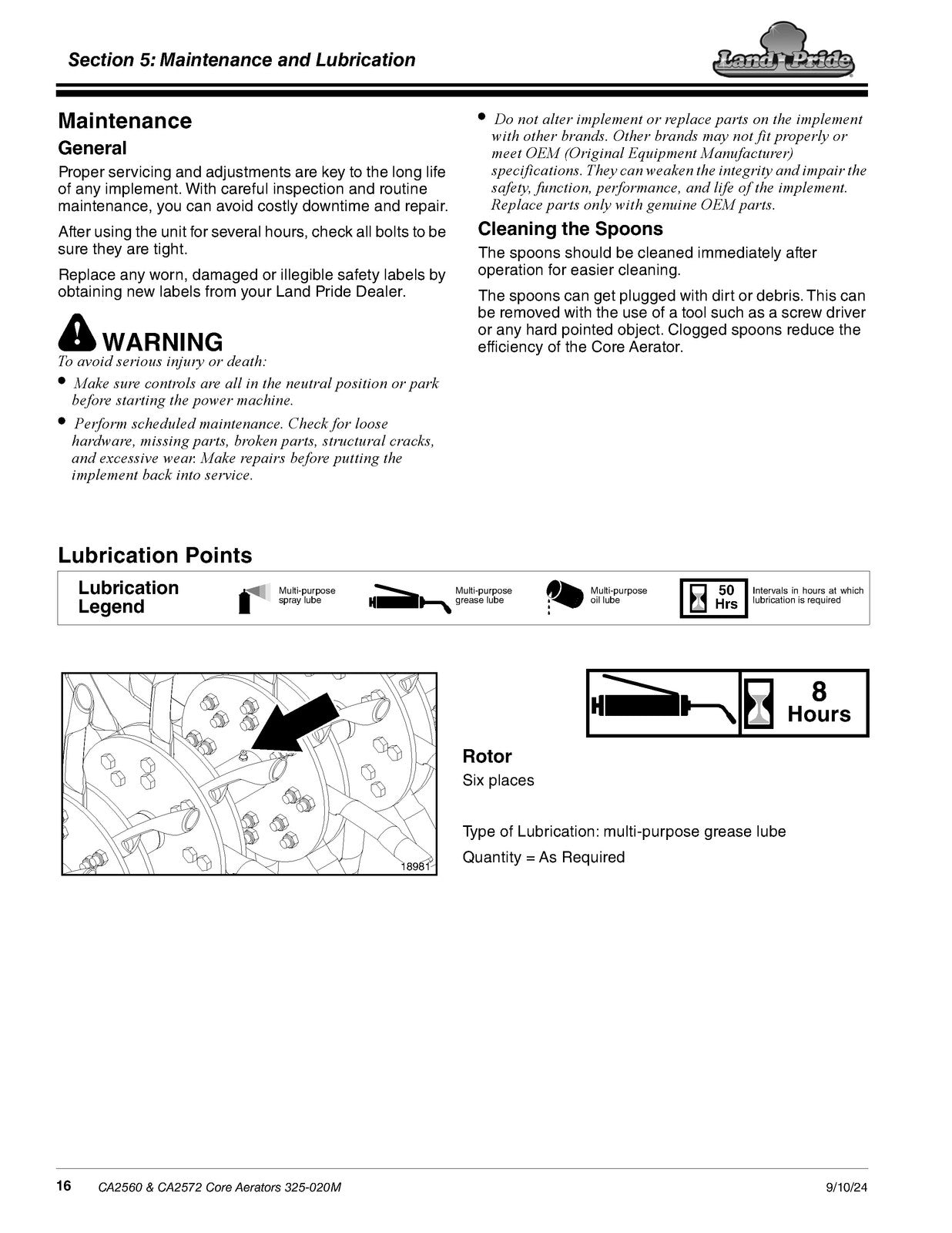 LAND PRIDE CA25 Series Core Aerators Operators Manual - WIRE BOUND - COVERS