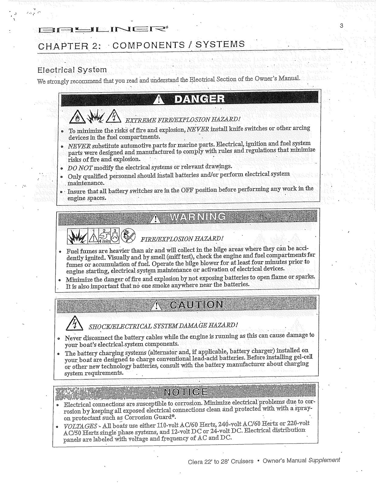 BAYLINER Ciera 22 To 28 Cruisers Owners Manual Supplement 1998 - WIRE BOUND