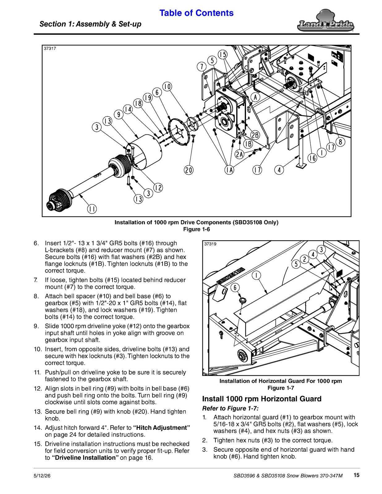 LAND PRIDE SBD3596 Series Snow Blowers Operators Manual - WIRE BOUND - COVERS