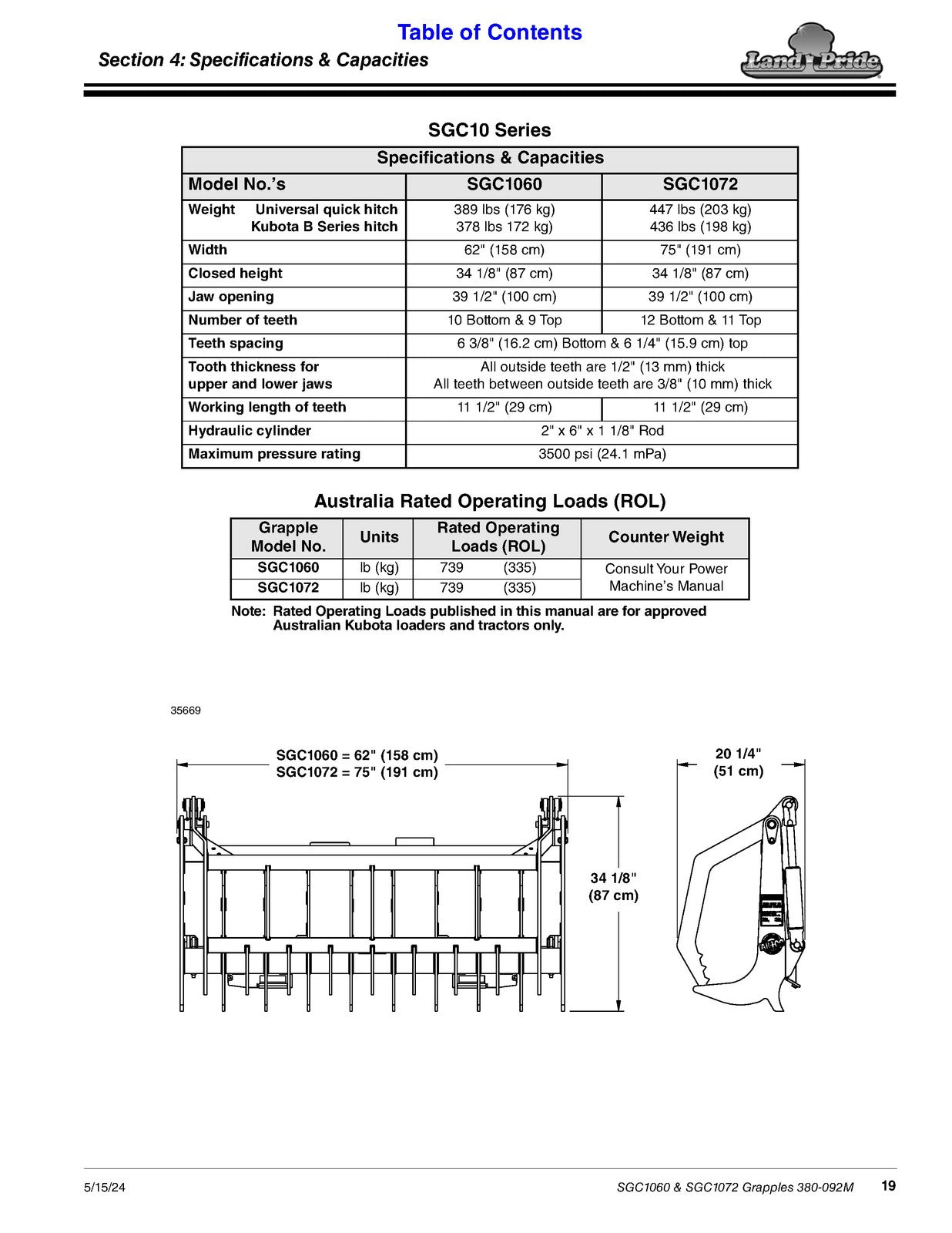 LAND PRIDE SGC10 Series Claw Grapples Operators Manual - WIRE BOUND - COVERS