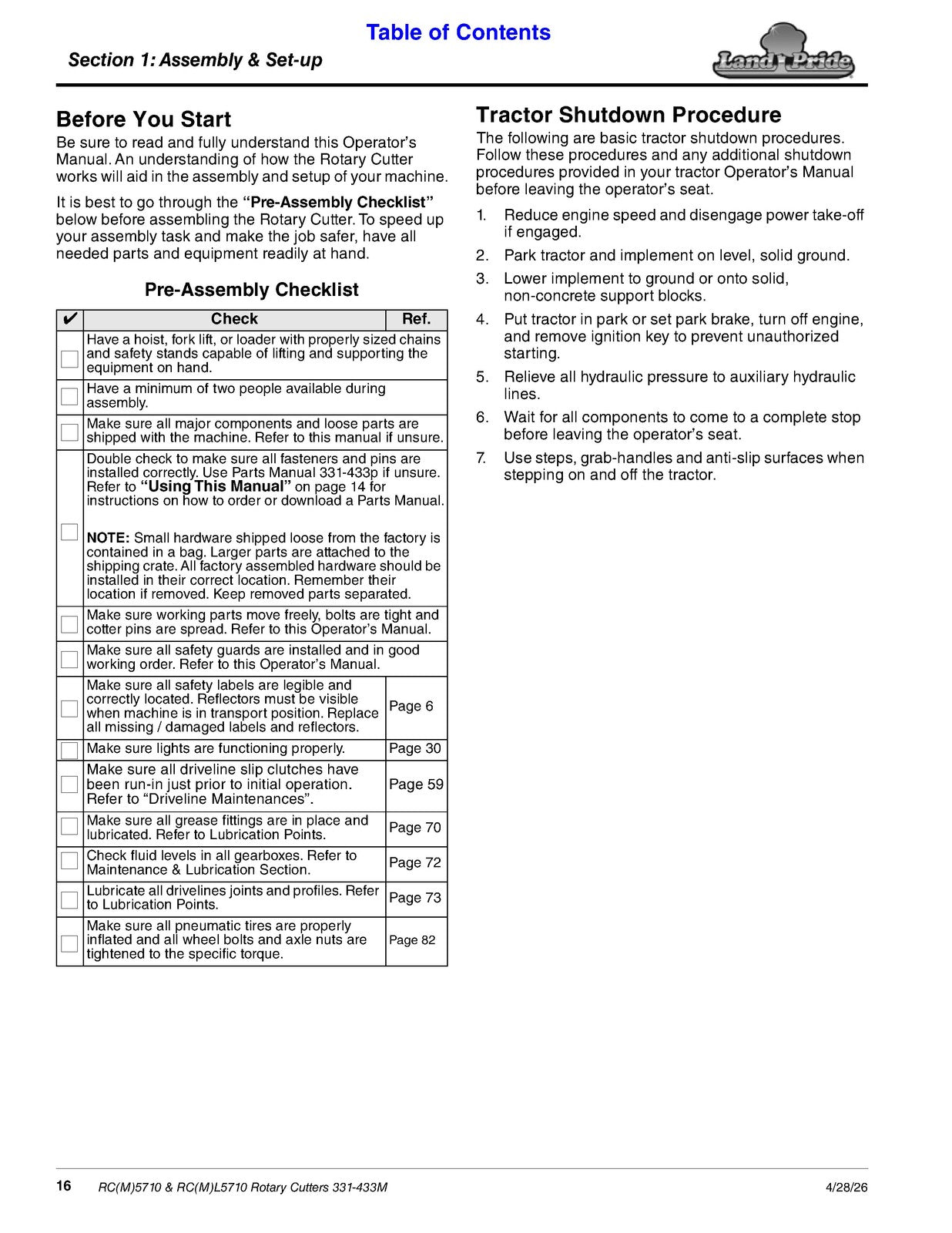 LAND PRIDE RC5710 Series Rotary Cutters Operators Manual - WIRE BOUND - COVERS