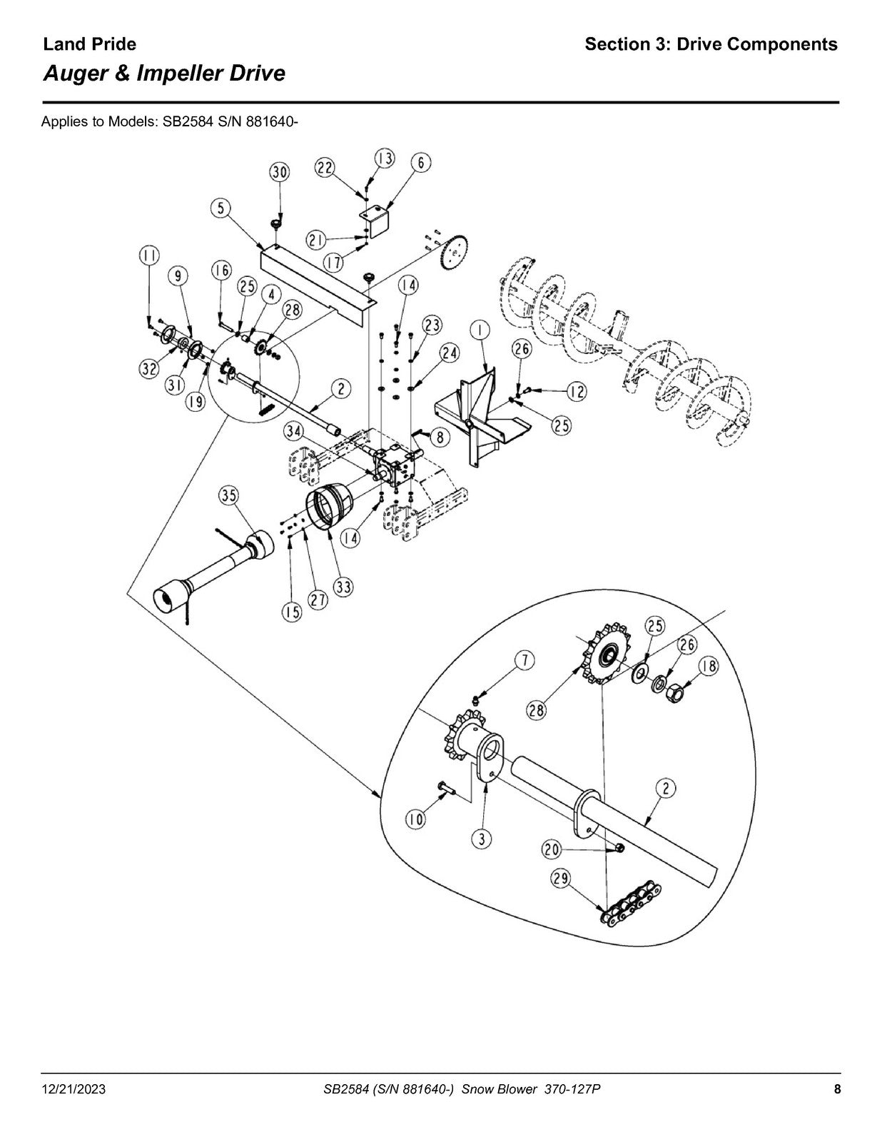 LAND PRIDE SB25 Series Snow Blowers Parts Manual 2023 - WIRE BOUND - COVERS