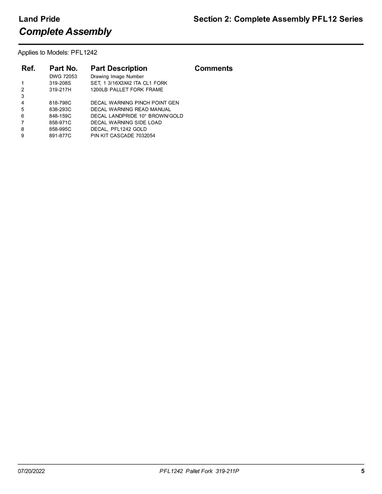 LAND PRIDE PFL12 Series Pallet Forks Parts Manual 2022 - WIRE BOUND - COVERS