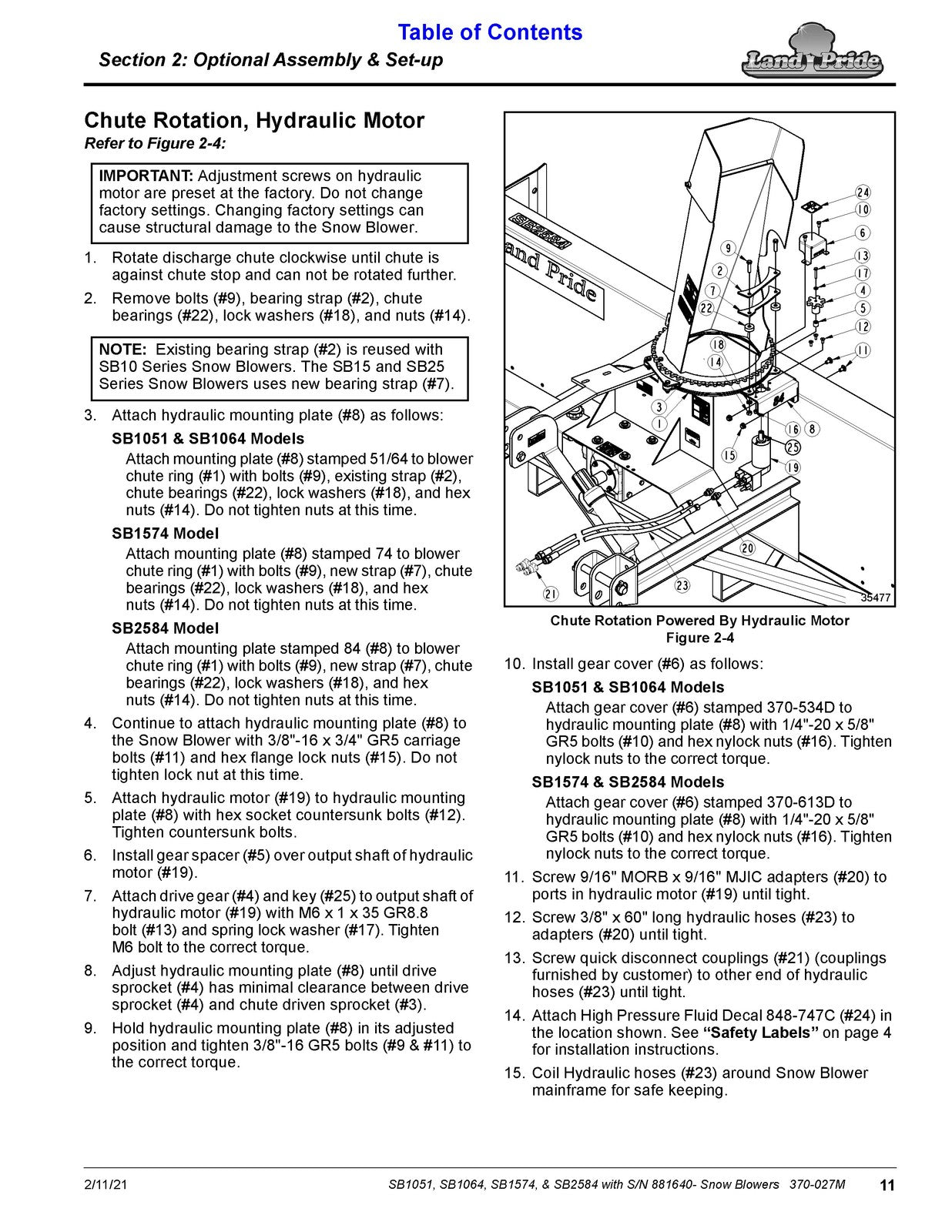 LAND PRIDE SB10 Series Snow Blowers Operators Manual 2014 - WIRE BOUND - COVERS