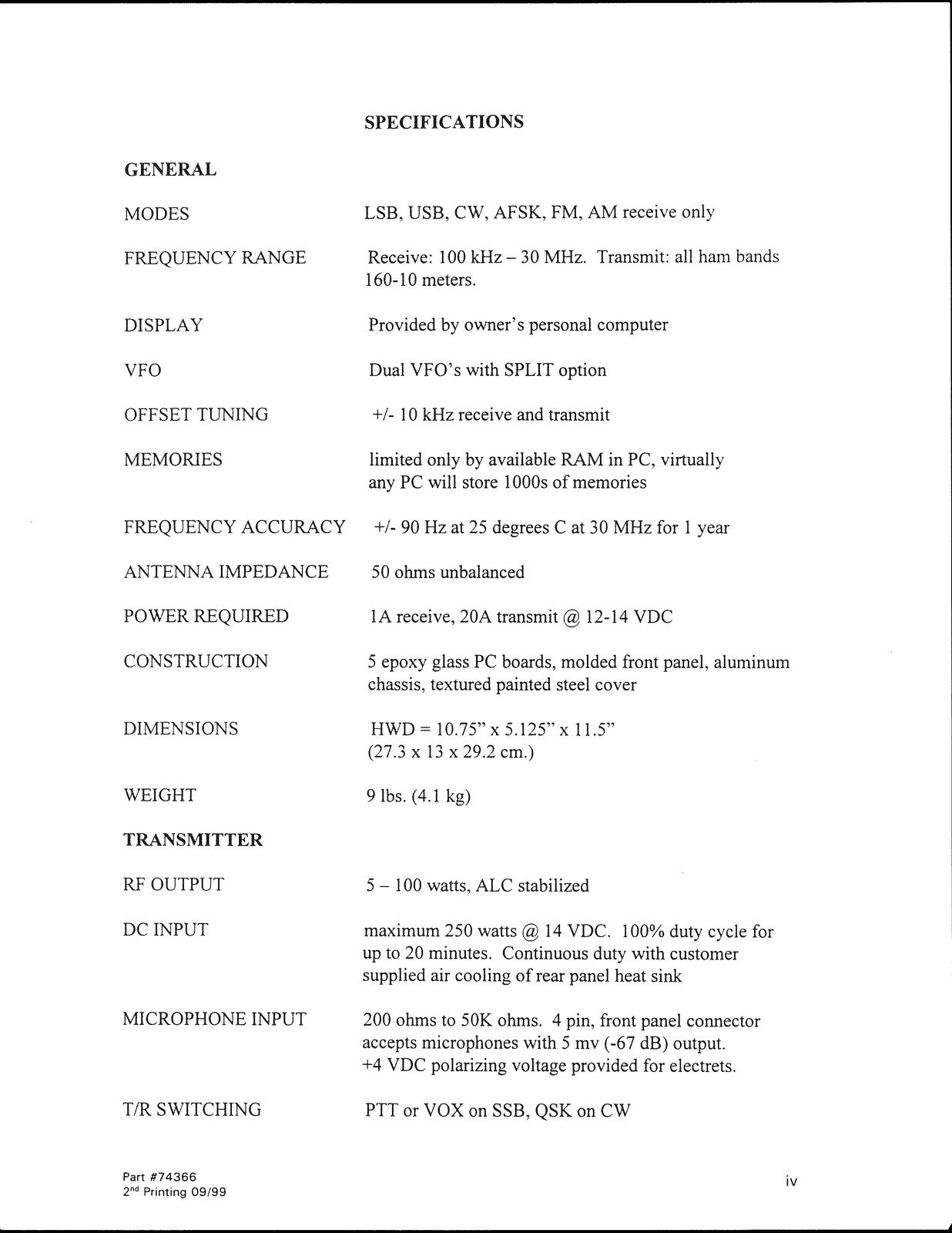 TEN TEC Pegasus Model 550 HF Transciever Operators Manual - WIRE BOUND - COVERS