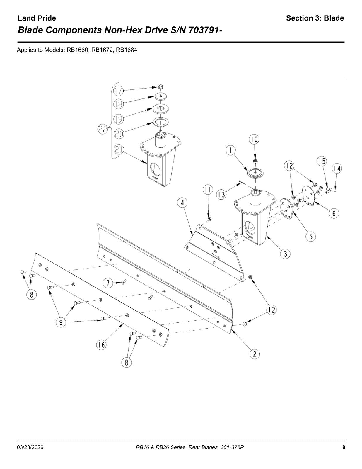 LAND PRIDE RB16 Series Rear Blades Parts Manual 2026 - WIRE BOUND - TOUGH COVERS