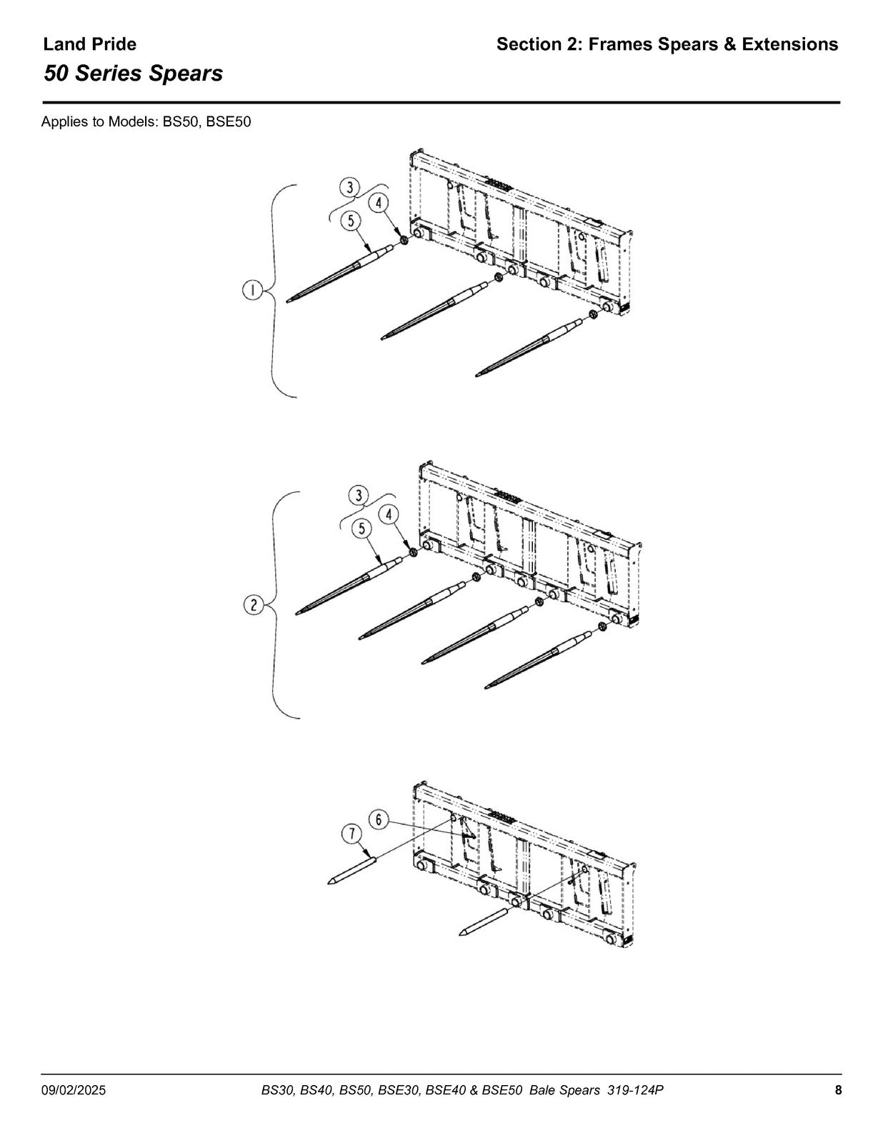 LAND PRIDE BS30 BS40 BS50 BSE50 Bale Spears Parts Manual - WIRE BOUND - COVERS