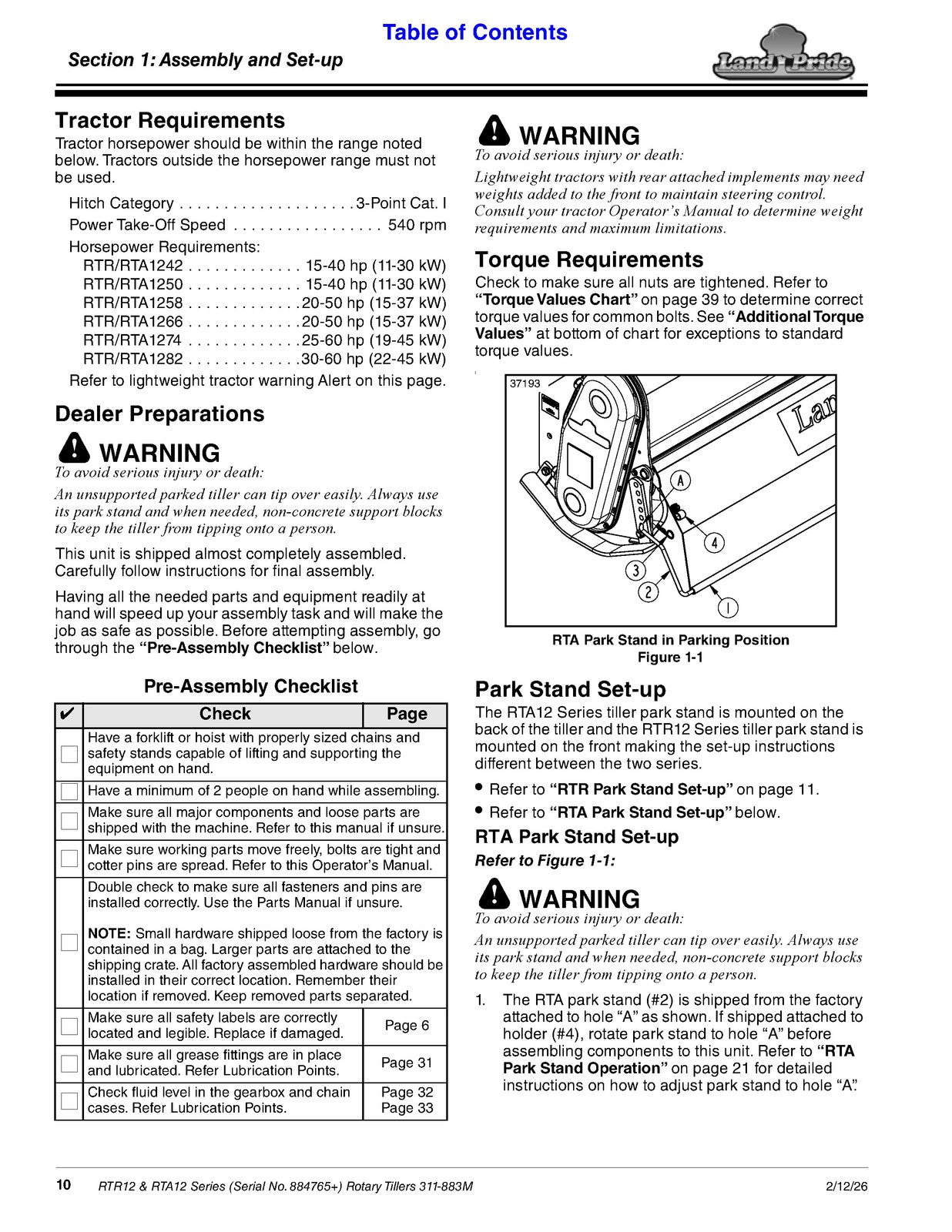 LAND PRIDE RTA12 Series Forward Rotation Rotary Tillers Operators Manual - BOUND