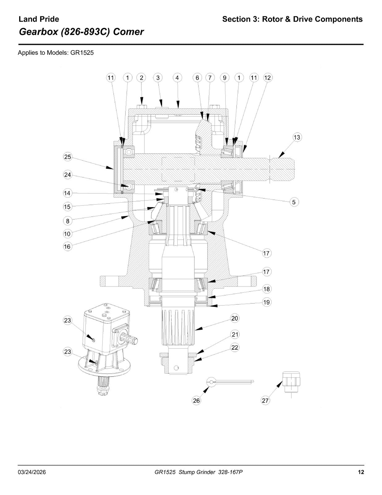 LAND PRIDE GR15 Series Stump Grinder Parts Manual 2026 - WIRE BOUND - COVERS
