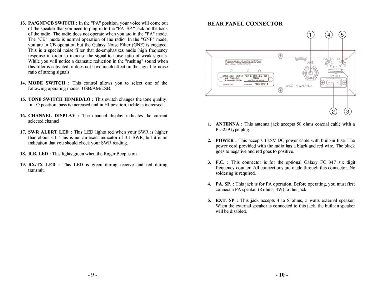 GALAXY DX 949 AM SSB CB Mobile Transceiver Owners Manual - WIRE BOUND - COVERS