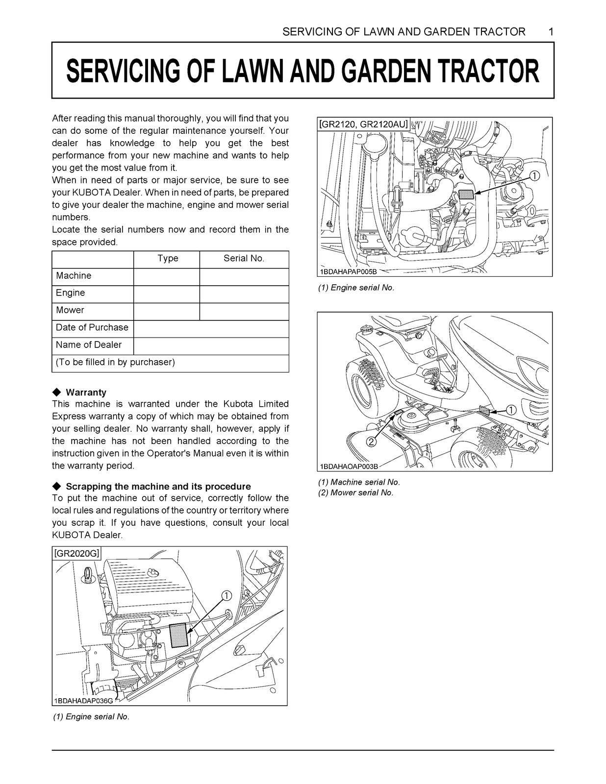 KUBOTA GR2020G GR2120 GR2120AU Operators Manual 2017 - BOUND - COVERS - FOLDOUTS