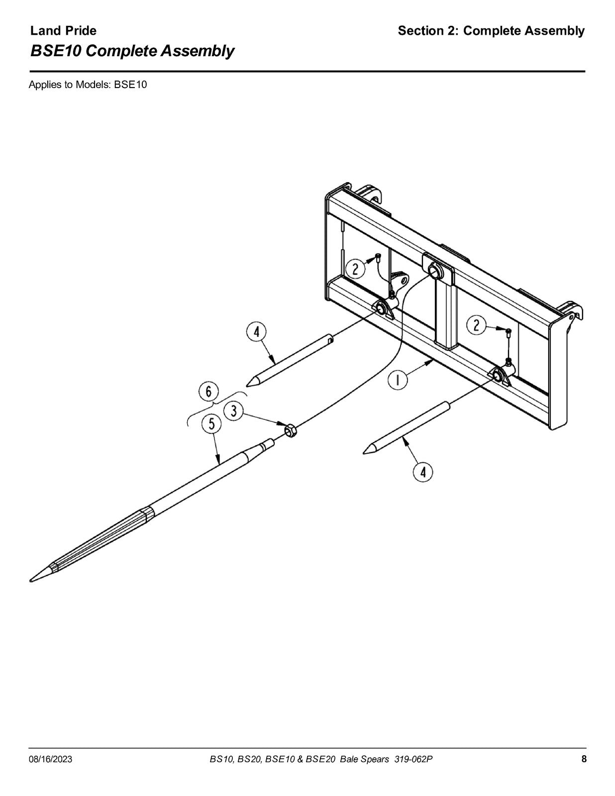LAND PRIDE BS10 BS20 BSE20 Series Bale Spears Parts Manual 2023 - WIRE BOUND