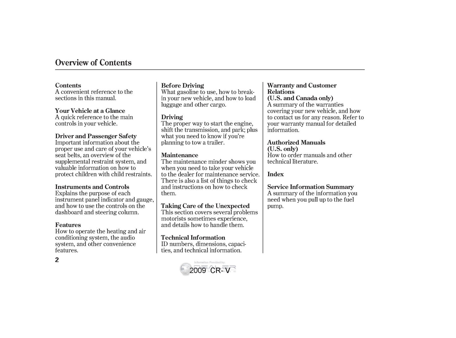 HONDA 2009 CR-V Owners Manual - STEEL WIRE BOUND - PROTECTIVE COVERS