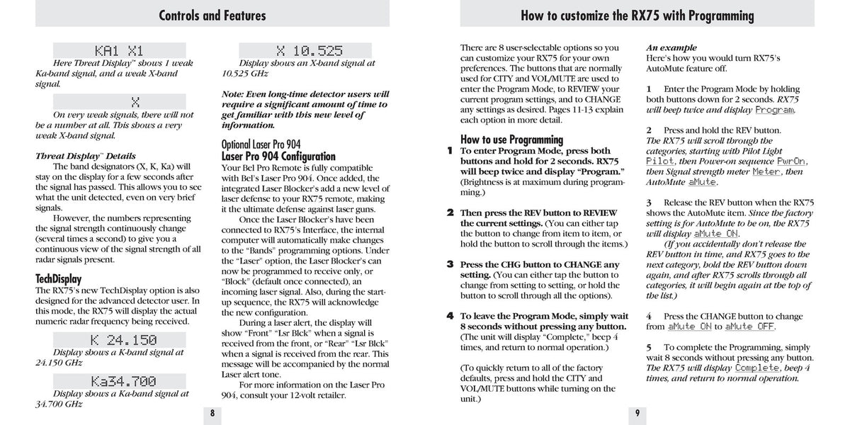 BELTRONICS Bel Pro Remote RX75 Radar Detector Owners Manual - WIRE BOUND