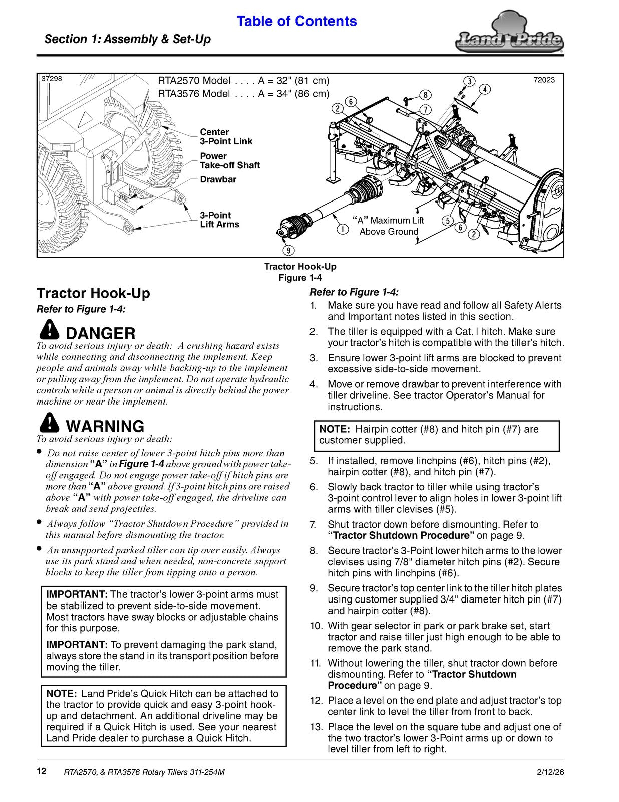 LAND PRIDE RTA2570 Forward Rotation Rotary Tillers Operators Manual - WIRE BOUND