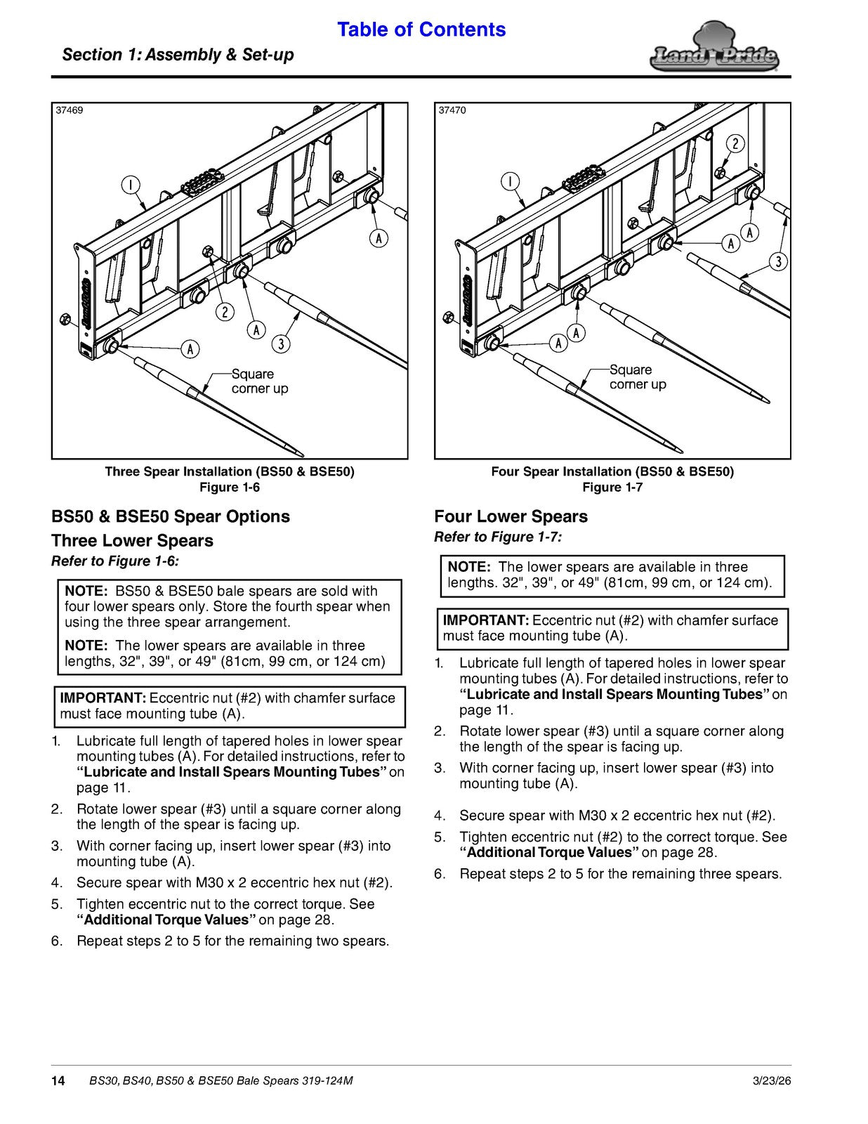 LAND PRIDE BS30 BS40 BS50 BSE50 Bale Spears Operators Manual - WIRE BOUND