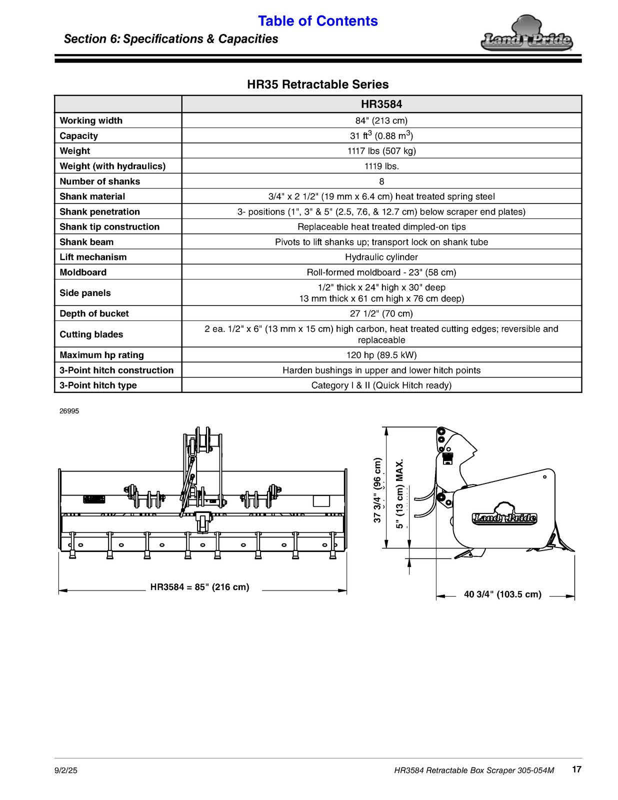 LAND PRIDE HR3584 Box Scrapers Operators Manual - WIRE BOUND - TOUGH COVERS
