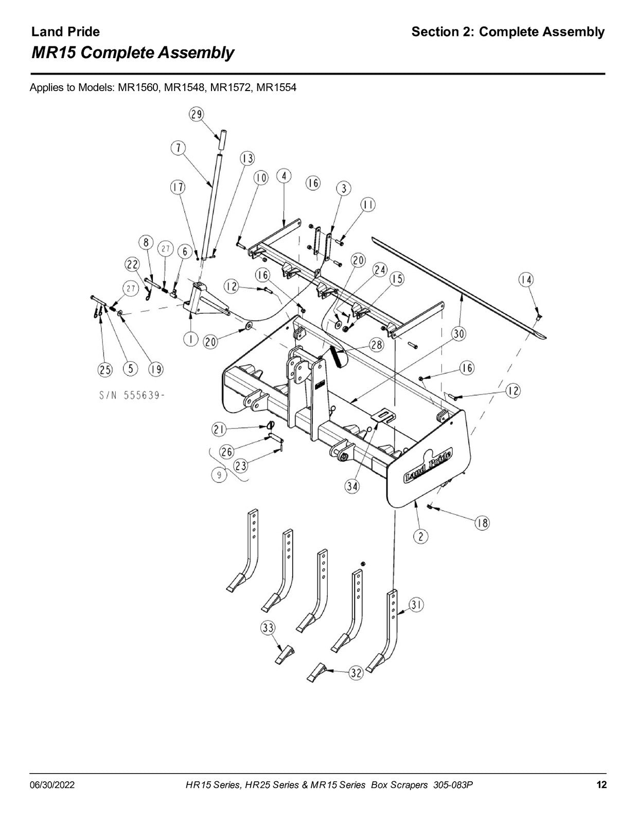 LAND PRIDE HR25 Series Box Scrapers Parts Manual 2022 - WIRE BOUND - COVERS