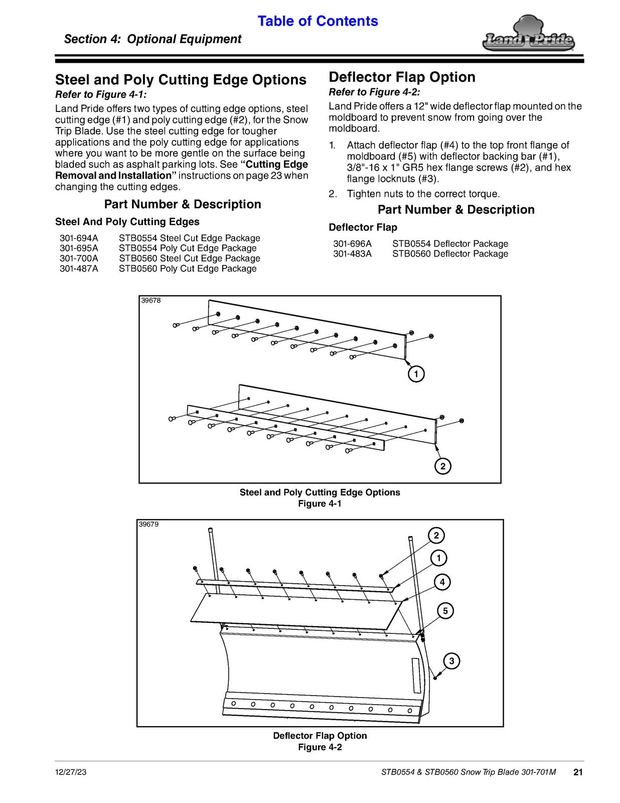 LAND PRIDE STB05 Series Snow Trip Blades Operators Manual - WIRE BOUND - COVERS