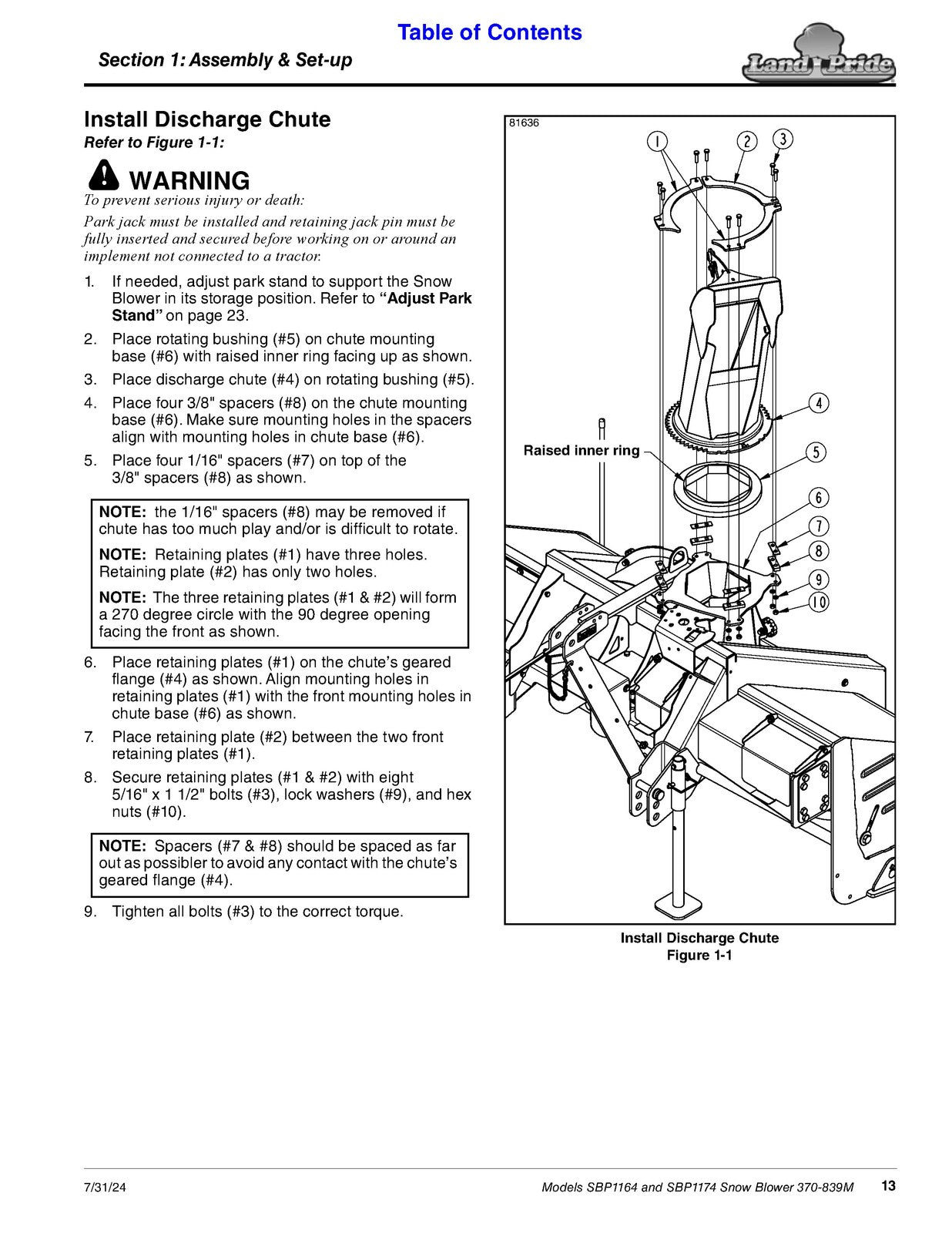 LAND PRIDE SBP11 Series Snow Blowers Operators Manual - WIRE BOUND - COVERS