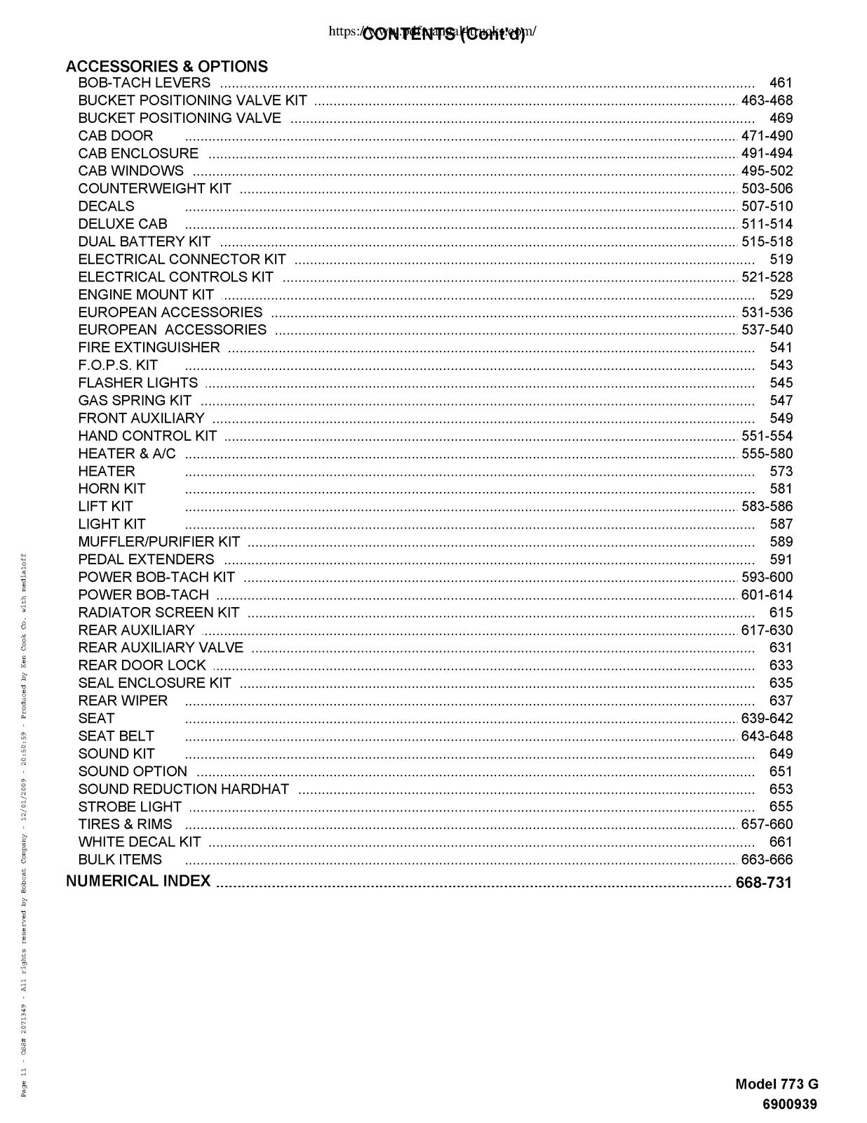 BOBCAT 773 G-Series Skid Steer Parts Manual 2009 SN 500K11001 Up - WIRE BOUND