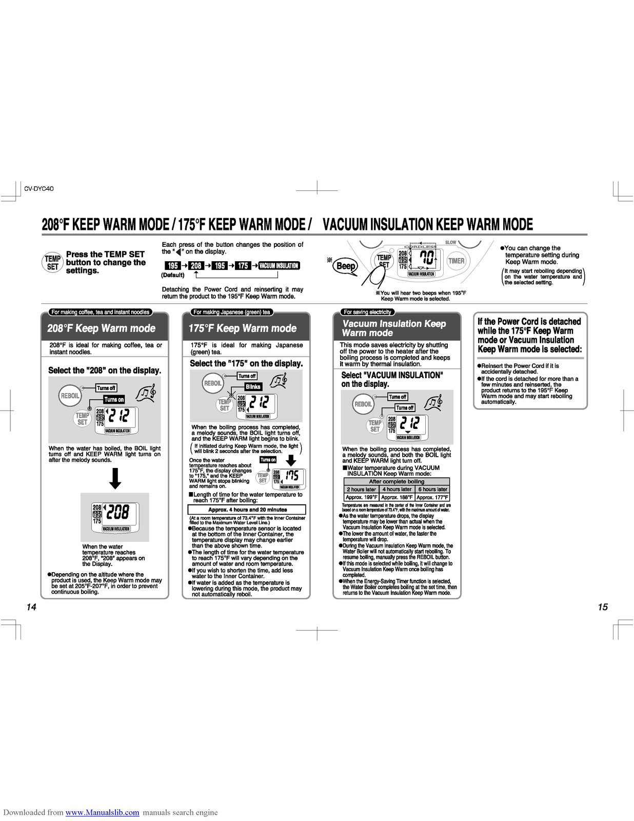 ZOJIRUSHI CV-DYC40 VE Hybrid Water Boiler Operating Instructions Manual - BOUND