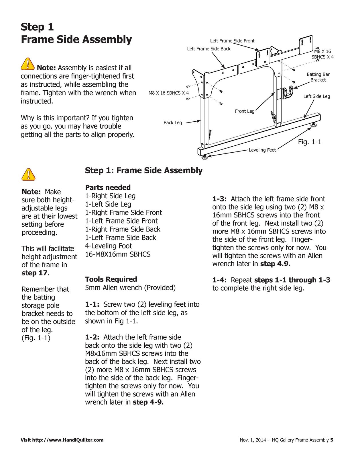 HANDI QUILTER HQ Gallery Frame Assembly Instructions Manual 2014 - WIRE BOUND