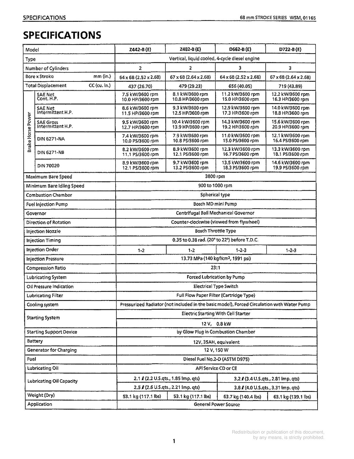 KUBOTA 68mm Stroke Series Diesel Engine Workshop Manual 2000 - WIRE BOUND