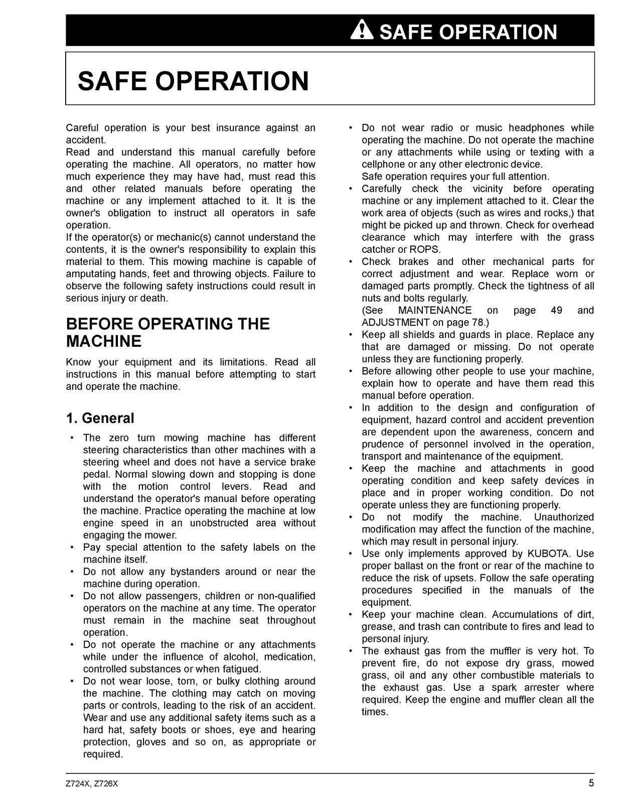 KUBOTA Z724X Z726X Zero Turn Operators Manual - BOUND - COVERS - XL FOLDOUTS