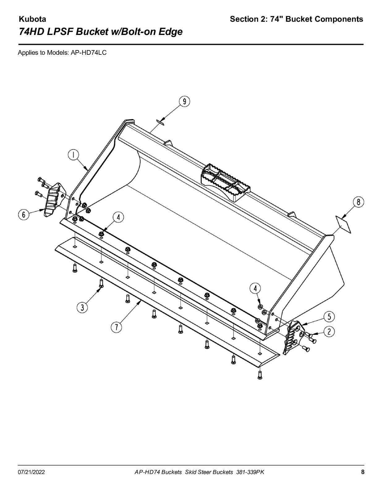 LAND PRIDE HD74 SL HD Series Buckets Parts Manual 2022 - WIRE BOUND - COVERS