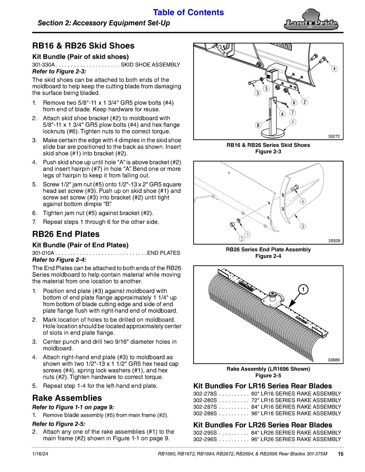 LAND PRIDE RB16 Series Rear Blades Operators Manual - WIRE BOUND - TOUGH COVERS