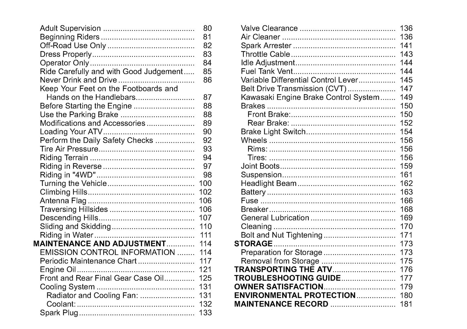 KAWASAKI ATV Quick Reference Guide Owners Manual 2010 - WIRE BOUND - COVERS
