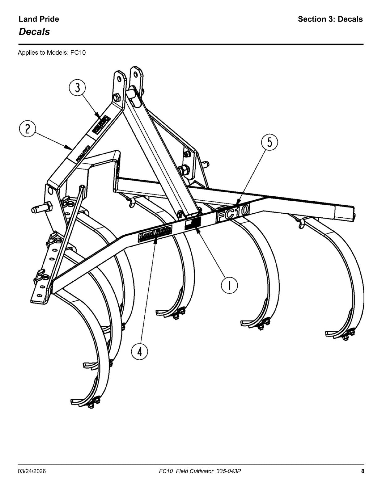 LAND PRIDE FC10 Series Field Cultivator Parts Manual 2026 - WIRE BOUND - COVERS