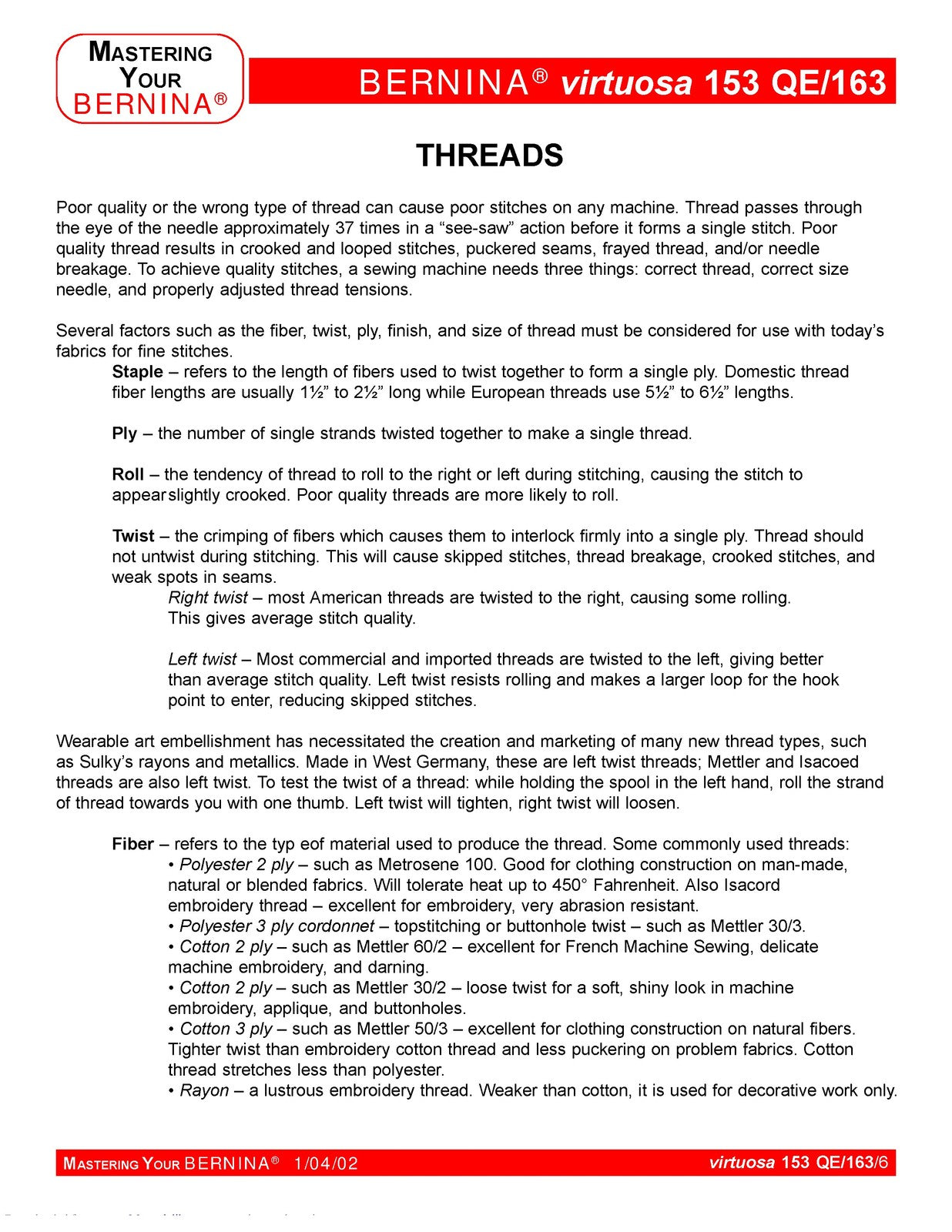 BERNINA Virtuosa 153 QE 163 Mastery Workbook - STEEL WIRE BOUND - TOUGH COVERS