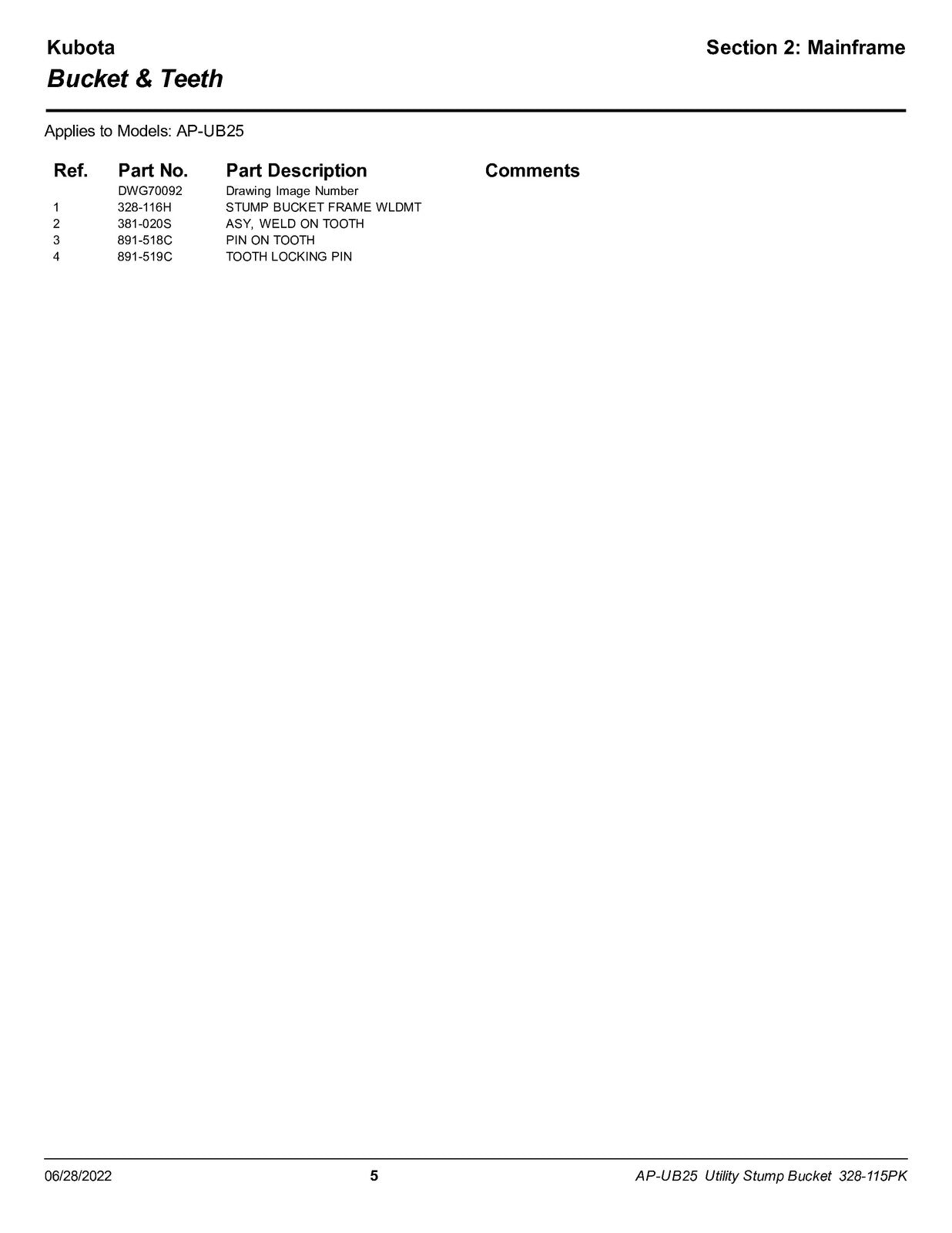 LAND PRIDE UB25 Series Utility Buckets Parts Manual 2022 - WIRE BOUND - COVERS