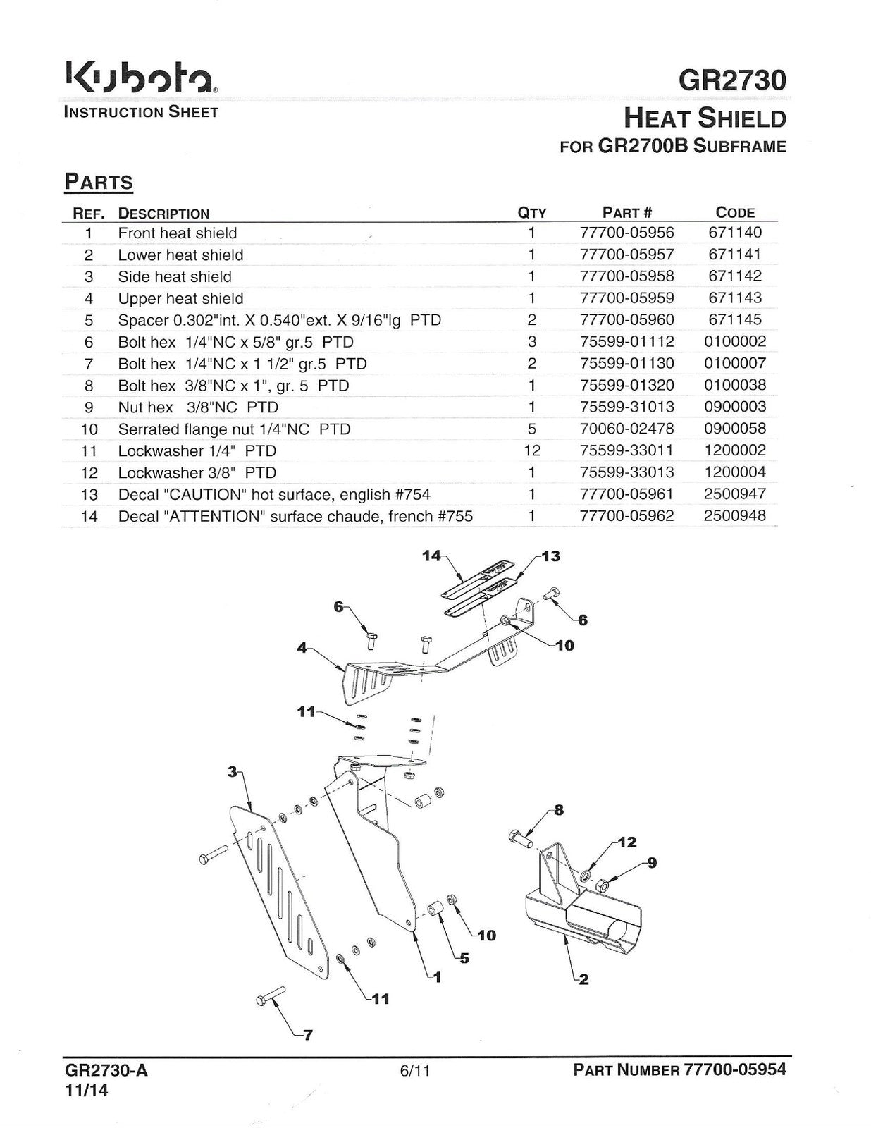 KUBOTA GR2730 Heat Shield For GR2700B GR2120-2 Manual - WIRE BOUND - COVERS