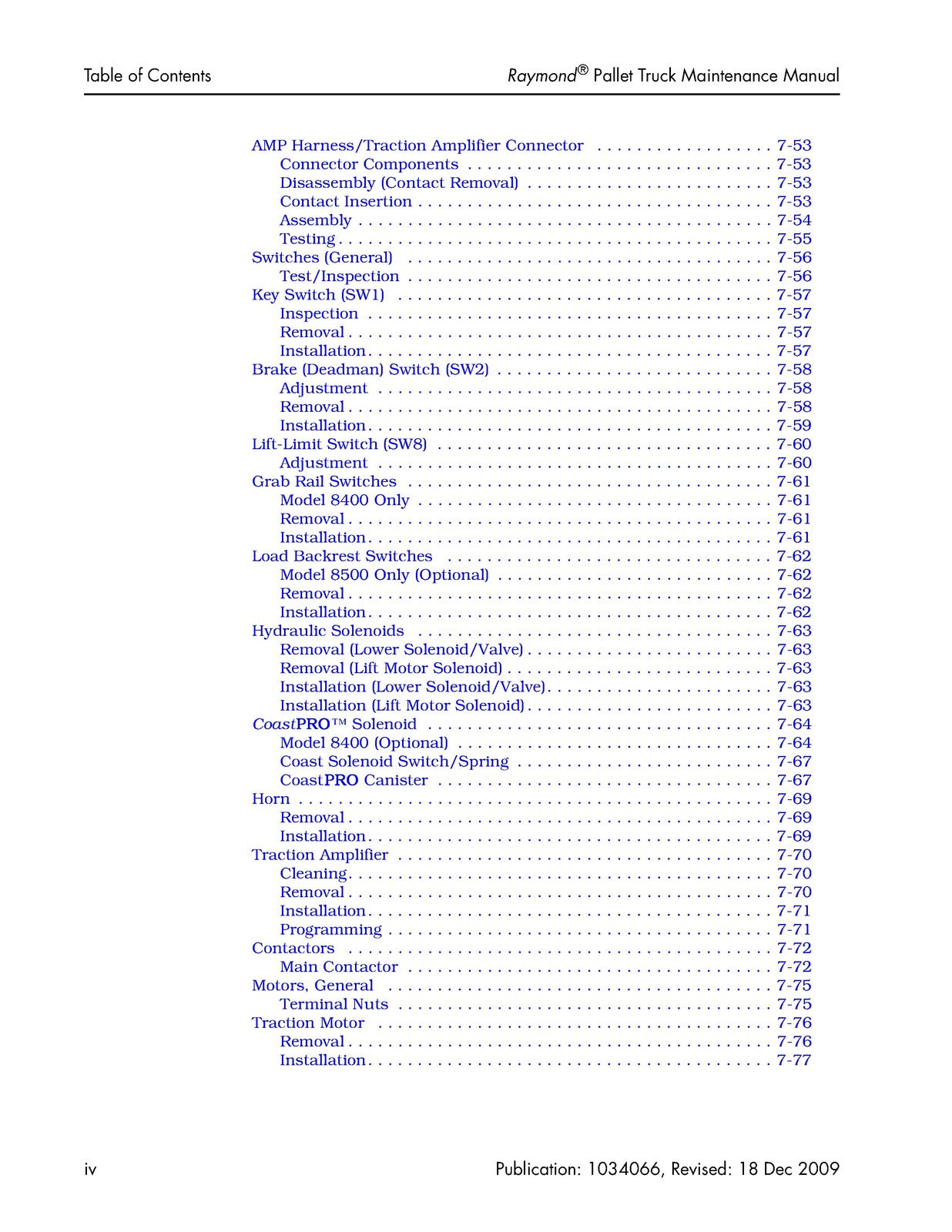 RAYMOND 8300 8400 8500 8600 Pallet Truck Maintenance Manual 2009, FOLDOUTS