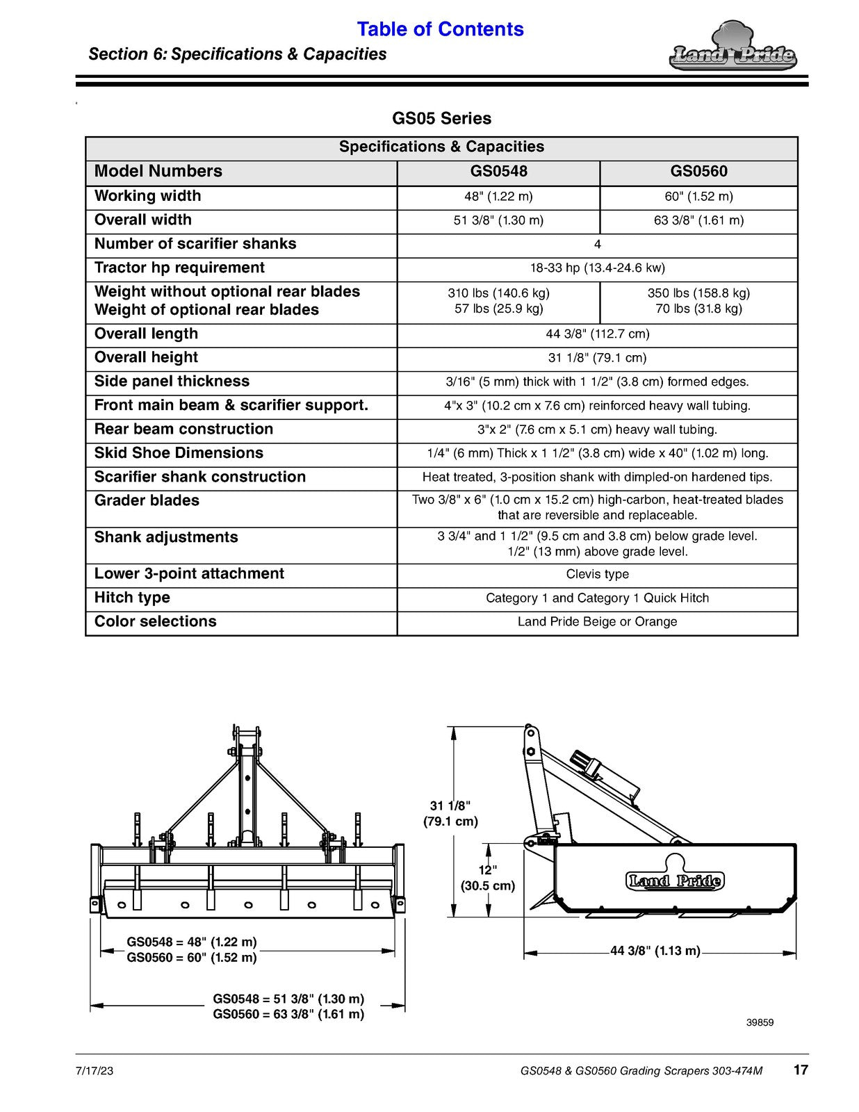 LAND PRIDE GS05 Series Grading Scrapers Operators Manual - WIRE BOUND - COVERS